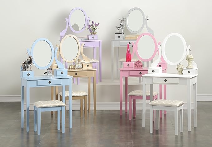 Roundhill Furniture Moniys Wood Moniya Makeup Vanity Table and Stool Set, Purple