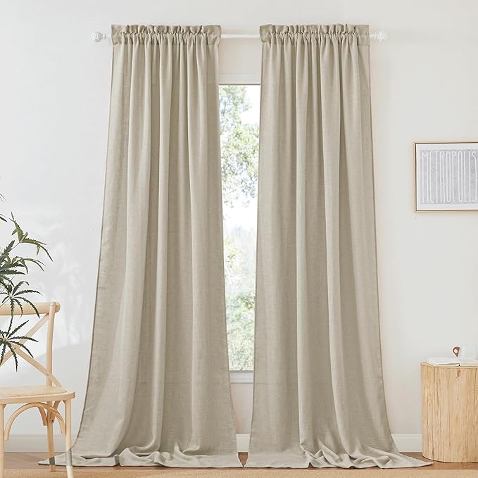 RYB HOME Semi Sheer Curtains - Linen Sheer Curtains Privacy Window Decor for Living Room Home Office Cafe Bay Window, Beige, 52 x 108 inch Long, 2 Pcs