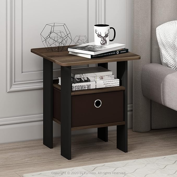 Furinno Andrey Side Table, Set of 2 End Table, Night Stand with Open Shelves and Storage Bin, Bedside Table, for Living Room, Bedroom, Amber Pine