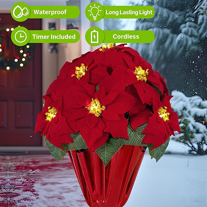 2 Pack 18" Lighted Large Artificial Poinsettias for Outdoors LED Poinsettia Flowers Artificial Faux Poinsettia Plants Poinsettia Christmas Decorations for Office Home Kitchen Decor (Red Paper)