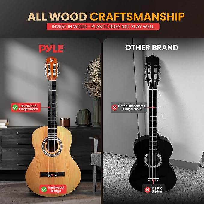Pyle 6-String Classic Guitar-3/4 Size Scale Guitar with Digital Tuner & Accessory Kit (36’’ -inch), Right, 2 Ash, Gloss, (PGACLS82.X9)