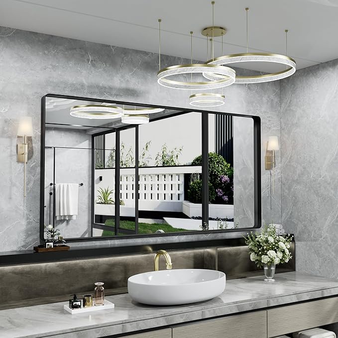 Hasipu Black Bathroom Over Sink Mirror 41x21 Inch Rounded Rectangle Vanity Mirror Metal Framed Wall Mirrors Anti-Rust Surface Mount (Hangs Horizontal or Vertical)