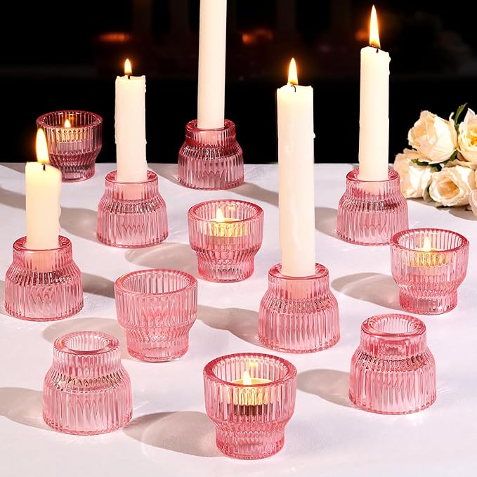 12pcs Pink Taper Candle Holders, Glass Candlestick Holders, Tea Light Candle Holder for Wedding Centerpieces Table Decorations, Votive Candle Holders for Baby Shower