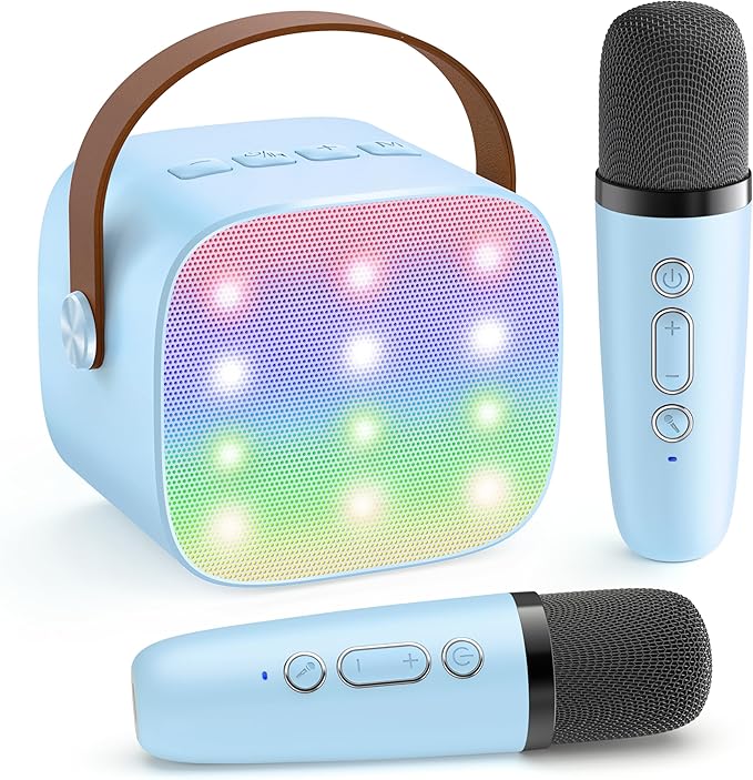 YLL Mini Karaoke Machine for Kids, Portable Bluetooth Speaker with 2 Wireless Microphones, Most Popular Birthday Toys Gifts for Boys Girls 3 4 5 6 7 8 9 10 11 12 + Year Old Party Family School(Blue)