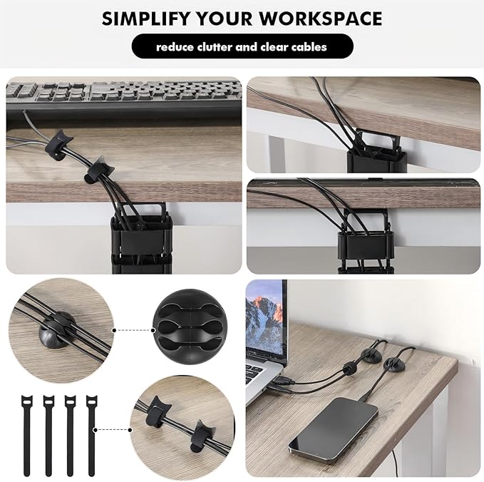 Yaomiao 2 Pack Under Desk Vertebrae Cable Management Kit Standing Desk 48 Inch Adjustable Quad Entry Flexible Cord Organizer with Ties, Stick-on Clips Cable Management Set for Home User Office Worker