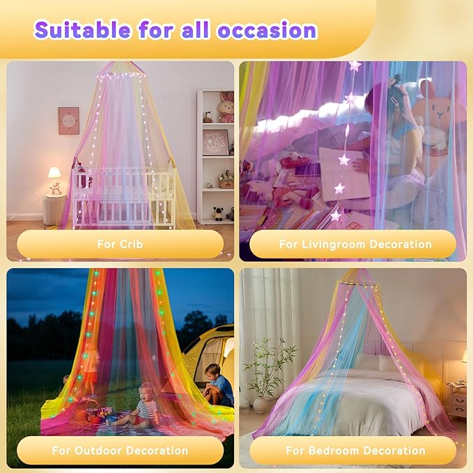 Obrecis Rainbow Bed Canopy for Girls, Princess Canopy Bed Curtains with 24 Colors Star Lights,Twin Bed Canopy Fits Single, Twin, Full, Queen Size Kids Bed
