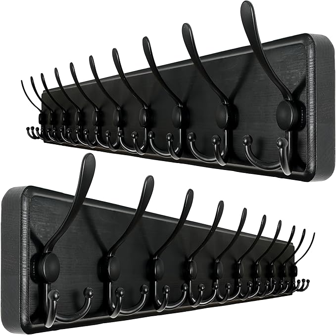WEBI Coat Rack Wall Mount,38 9/16" Long,10 Tri Hooks for Hanging Coats,16" Hole to Hole,Wood Coat Hooks Wall Mounted,Wall Coat Hanger for Clothes,Jacket,Hats,Rustic Black,2 Packs