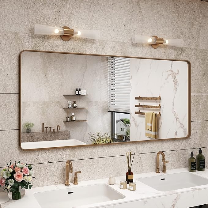 CAHRMOR 60x28 Brushed Gold Mirror for Bathroom, Golden Metal Framed Vanity Mirror, Large Rectangle Vanity Wall Mirror, Modern, Anti-Rust, Shatterproof (Horizontal/Vertical)