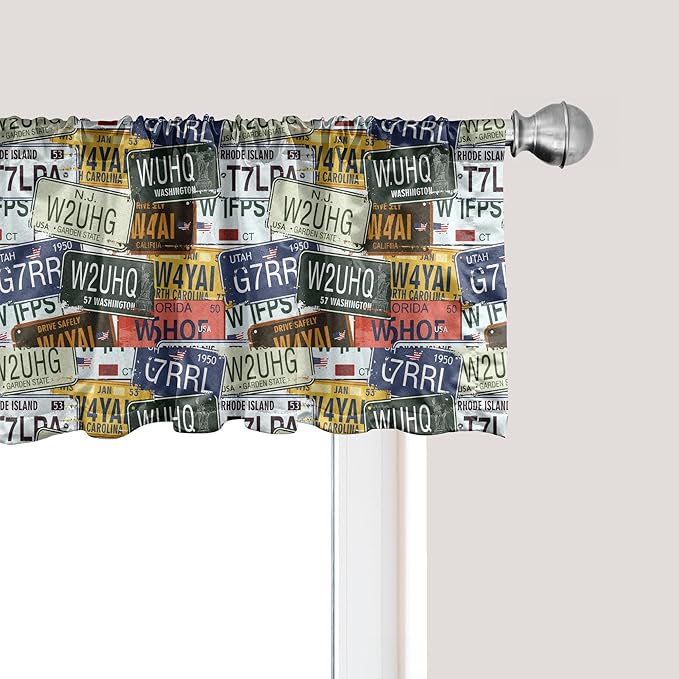 Ambesonne Vintage Window Valance, Original Retro Style License Plates Personalized Creative Travel Vacation, Curtain Valance for Kitchen Bedroom Decor with Rod Pocket, 54" X 18", Green Blue Yellow