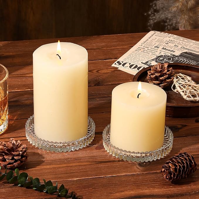 Hurricane Glass Candle Holders Set of 2, Serrated Round Candle Stand for Pillar Candles Modern CandleHolders Cylinder Chimney Cover for Outdoor Wedding Decor Parties & Table Centerpieces