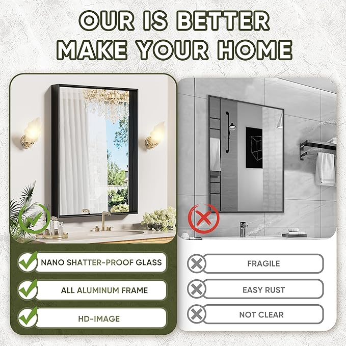 Suidia Bathroom Mirror, 30" x 22" Wall Mirror Metal Framed, Bathroom Vanity Mirror for Living Room Bedroom Bathroom Entryway, Black, Rect Corner Style