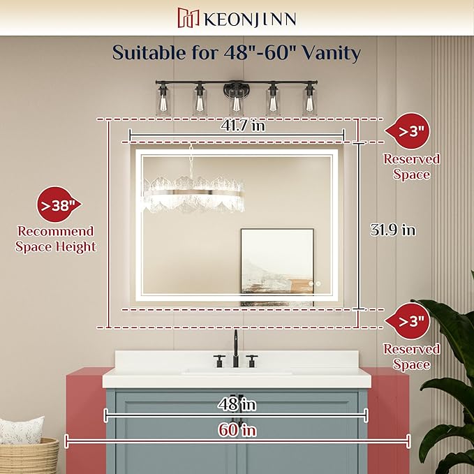 Keonjinn Lighted Bathroom Mirror, 42 x 32 Inch Bathroom LED Mirror with Lights, Frontlit Only, HD Tempered Glass, UL-Listed LED Driver, Anti-Fog, 6000K Dimmale, Easy Installation(Horizontal/Vertical)