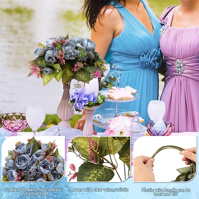 Geosar 8 Bundles Artificial Peonies Flowers Fake Silk Peony Bouquet Faux Peonies Flowers Bulk for Decoration Vase Floral Arrangements Wedding Party Table (Blue)