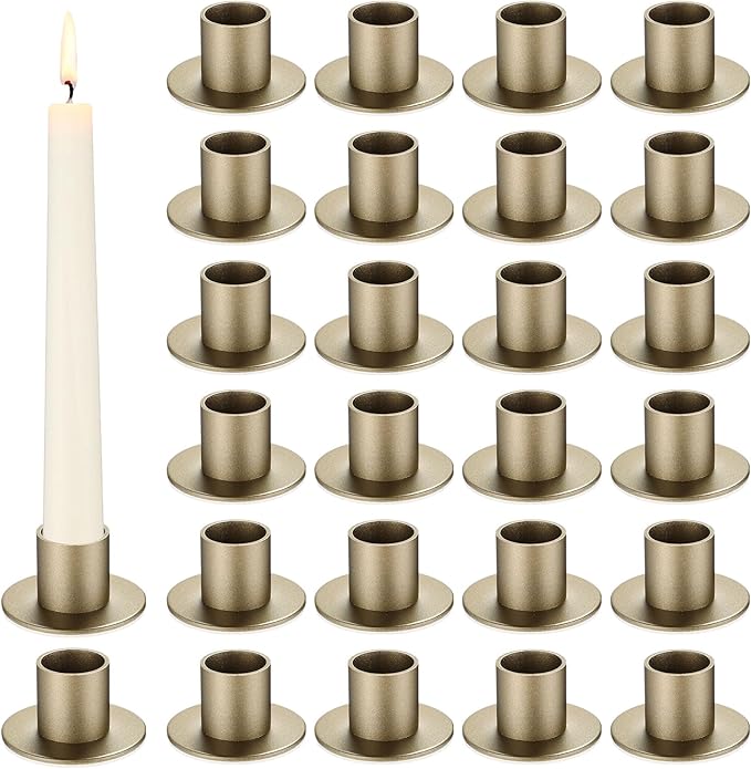 24 Pcs Bronze Taper Candle Holders Bulk for Pillar Candles Christmas Metal Short Candlestick Holder Bronze Centerpieces Decoration for Christmas Thanksgiving Anniversary Dinner Party