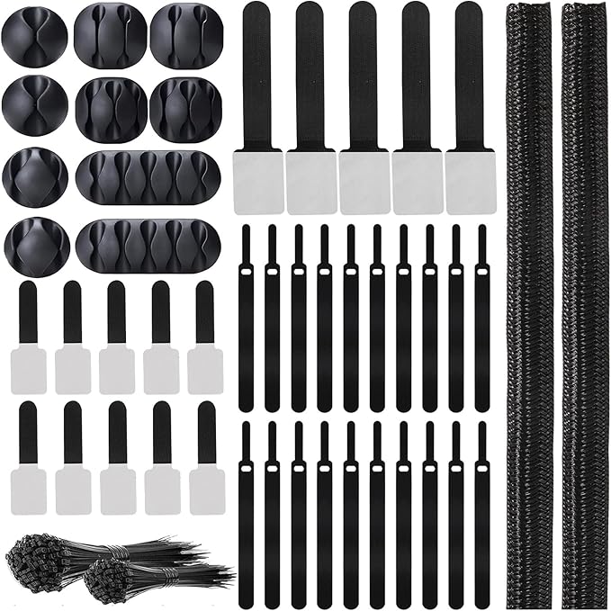 137PCS Cable Management Kit 4 Cable Sleeve Split 100 Cable Zip Ties 10 Cable Clips 15 Adhesive Wall Cable Tie 10 Cable Zip Tie for TV Computer Office Home Under Desk
