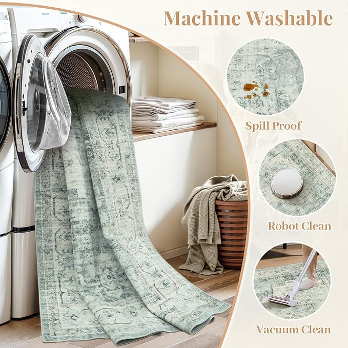 LIVEBOX Washable 2x6 Runner Rug for Bathroom, Non Slip Kitchen Mats for Floor Entryway, Boho Indoor Front Door Mat Low-Pile Runners for Hallways, Farmhouse Rugs for Laundry, Sage Green