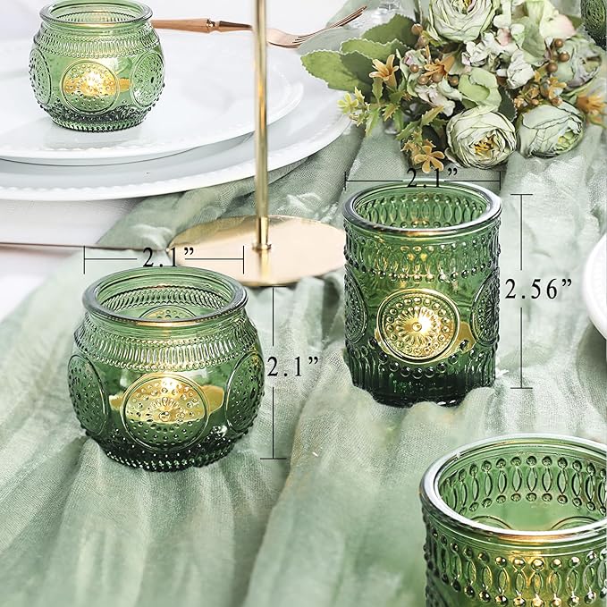 36 Pcs Green Glass Votive Candle Holders Bulk - Assorted Tea Light Holders for Christmas, Tea Party, Fall Wedding, Bridal Shower Table Centerpieces