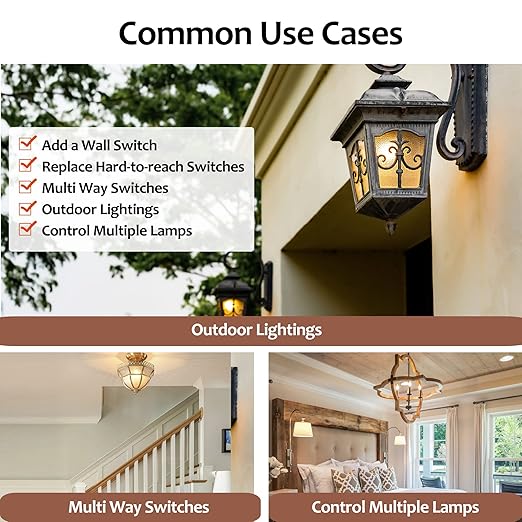 Suraielec Wireless Light Switch and Receiver Kit, 15A High Power, No Wiring, No Interference, 100ft RF Range, Expandable Remote Control Wall Switches for Lamp, Ceiling Light, Fan, Outdoor Lighting