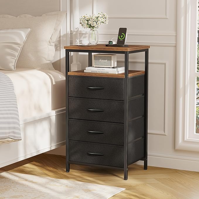 Huuger Night Stand with Charging Station, 4 Drawer Dresser for Bedroom, Bedside Table, 33.9 Inch Tall Nightstand with Open Shelf, End Table, for Closet, Entryway, Bedroom, Rustic Brown and Black