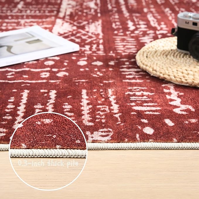 Living Room Rug 5x7 Rug Machine Washable Boho Area Rug Non Slip Moroccan Vintage Low Pile Large Rugs for Living Room, Bedroom, Farmhouse, Dining Room, Kids Playroom(Terracotta)
