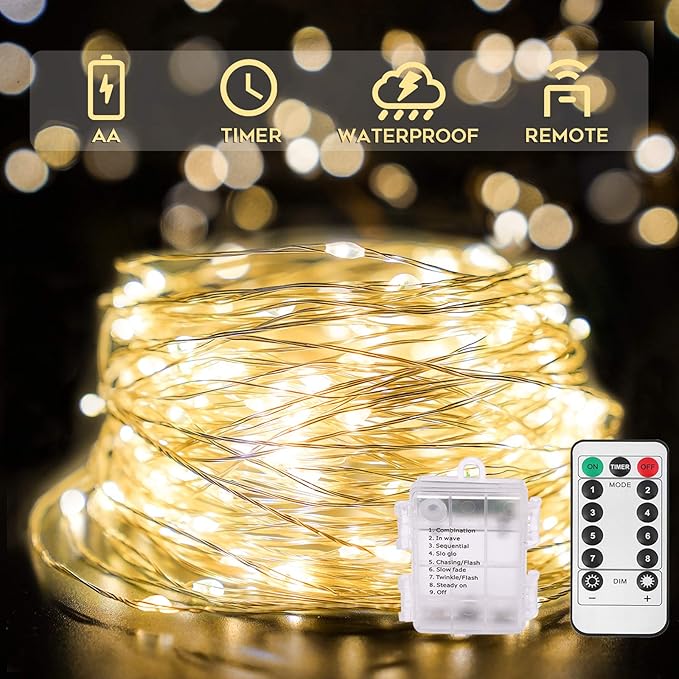 suddus 66ft 200 LED Outdoor String Lights, Warm White Christmas Fairy Light Battery Operated with Remote, Led Twinkle Lights for Bedroom, Dorm, Patio, Fireplace, Backyard, Garden, Xmas, Party, Indoor