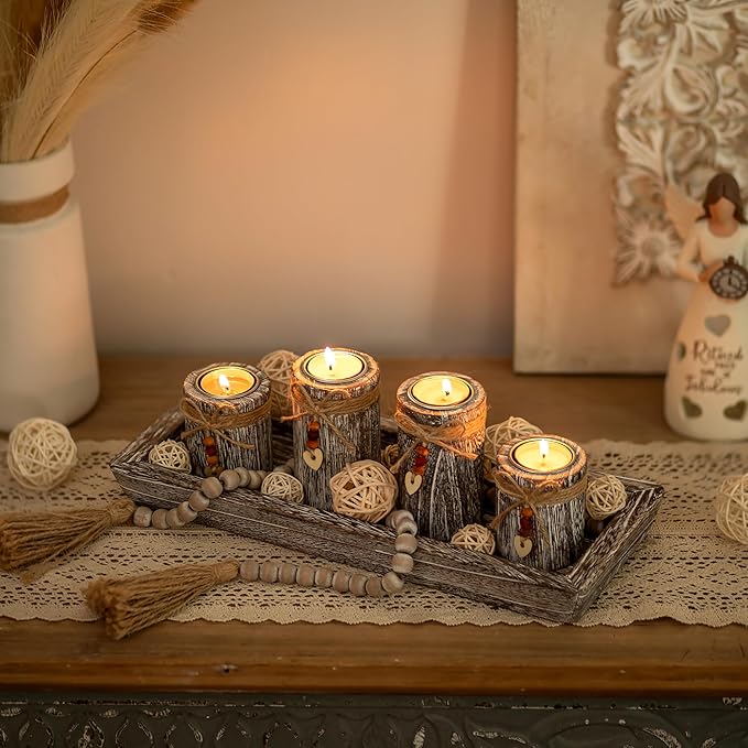 Farmhouse Coffee Table Decor Candle Holder - Romadedi Boho Wooden Tray with 4 Tealight Candles Holders for Tables Centerpiece Home Decorations Living Room Fireplace Whitewashed