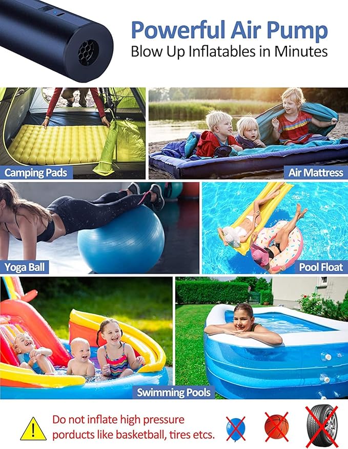 Electric Air Pump for Inflatables- 2×2000mAH Rechargeable Battery Powered Air Mattress Pump- Cordless Portable Air Pump, Quick-Fill Inflator Pump for Camping Air Mattress Bed, Pool Floats Toys, Boats