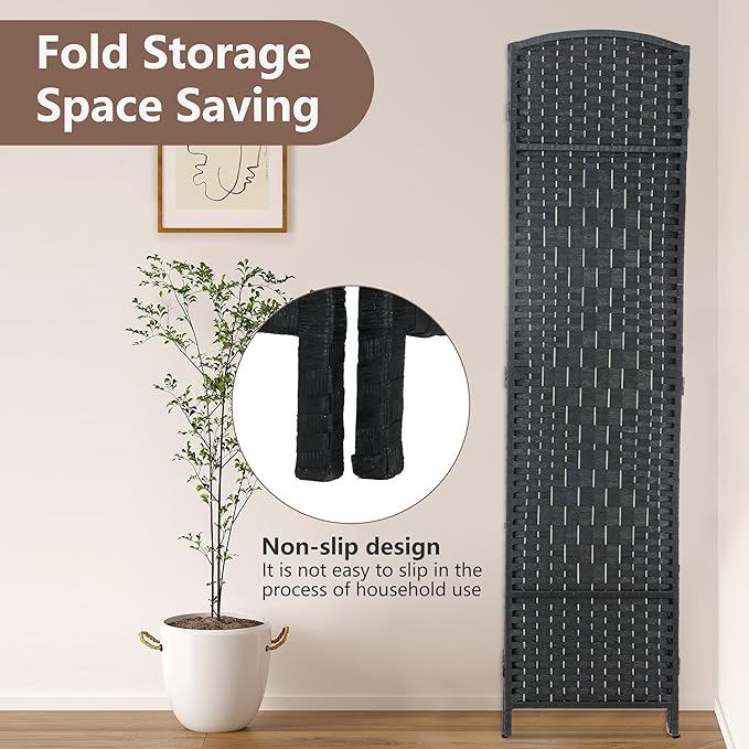 Room Divider 6 Panel Folding Privacy Divider 6 Ft Indoor Wall Divider Portable Partition Wood Screen, Black