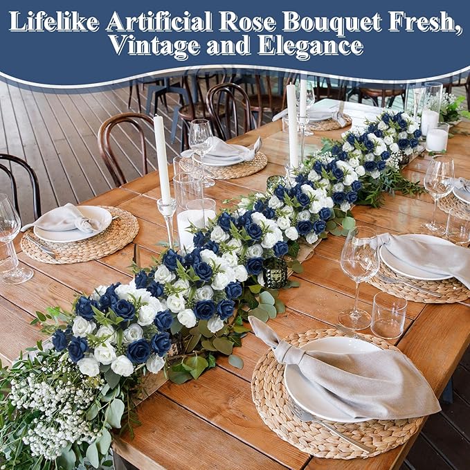 Zeyune 8 Pack 12 Inch Wedding Bouquets for Bride Bridesmaid Dark Blue and White Artificial Rose Bouquet Fake Silk Roses Flowers Bunches Bulk for Home Office Garden Parties Decoration