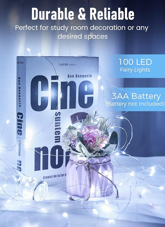 Minetom Fairy Lights Battery Operated, 33FT 100 LED Mini Battery Powered String Lights Twinkle Lights Mason Jar Lights, Waterproof Starry Firefly Lights for Party Wedding Christmas Decor, Pure White