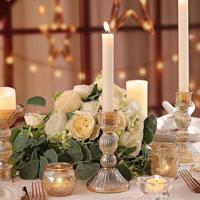 DARJEN 2 Pcs Gold Candlestick Holders - Vertical Stripe Glass Candle Holders for Taper and Votive Candles, Taper Candle Holder for Party, Wedding, Home Table Centerpieces & Gifts