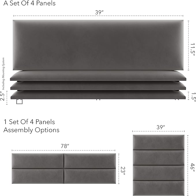 Vänt Upholstered Wall Panels - King/Cal King Size Wall Mounted Velvet Headboards - Velvet Gothic Grey - Twin/King - Set of 4 Panels (Each Individual Panel 39"x11.5")