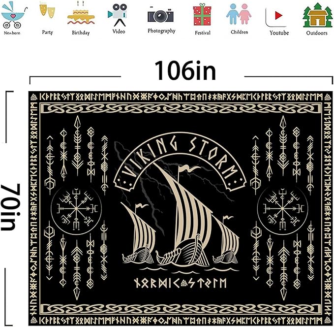 OSUNBD Viking Warship Tapestry Wall Hanging - Large 106x70 inches Storm & Celtic Runes on Soft Flannel Aesthetic Mythology Tapestries Norse Mythology Art for Bedroom, Living Room Decor