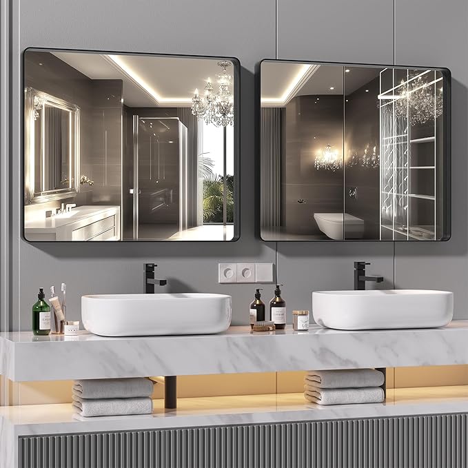 Hasipu 2 PCS Bathroom Mirror for Wall, 36 x 30 Inch Black Metal Framed Bathroom Mirrors for Over Sink, Rectangle Bathroom Vanity Mirror, Anti-Rust, Tempered Glass, Horizontal or Vertical