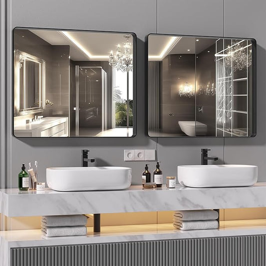 Hasipu 2 PCS Bathroom Mirror for Wall, 36 x 30 Inch Black Metal Framed Bathroom Mirrors for Over Sink, Rectangle Bathroom Vanity Mirror, Anti-Rust, Tempered Glass, Horizontal or Vertical