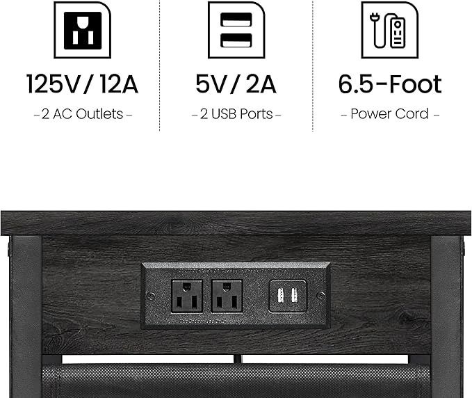 TUTOTAK C Shaped End Table with Charging Station, Side Table for Sofa, Couch Table with Storage Bag, TV Tray Table with 2 USB Ports and Outlets for Living Room, Bedroom, TB01BY024