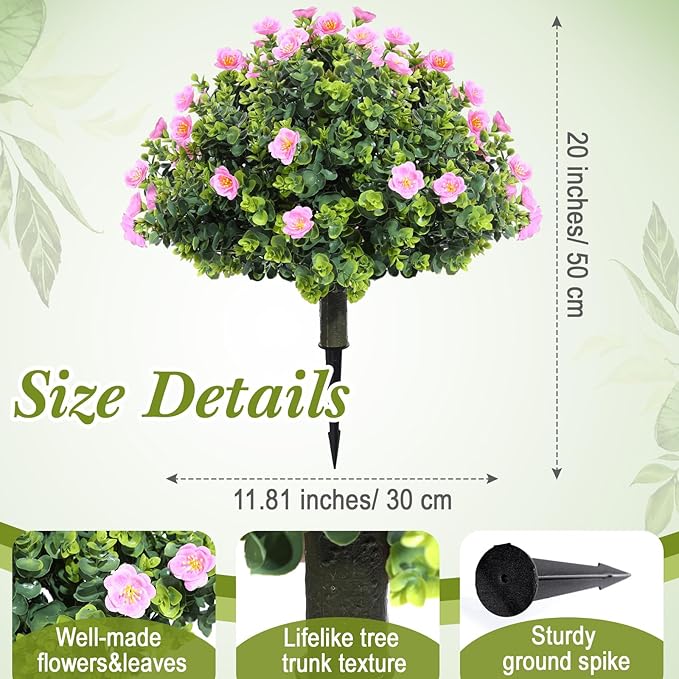 XunYee 4 Pcs 20" Artificial Topiary Ball Trees, Outdoor Artificial Shrubs Faux Bushes UV Resistance Greenery Fake Plants Tree with Ground Spike for Garden Porch Patio Indoor Decoration (Pink Flower)