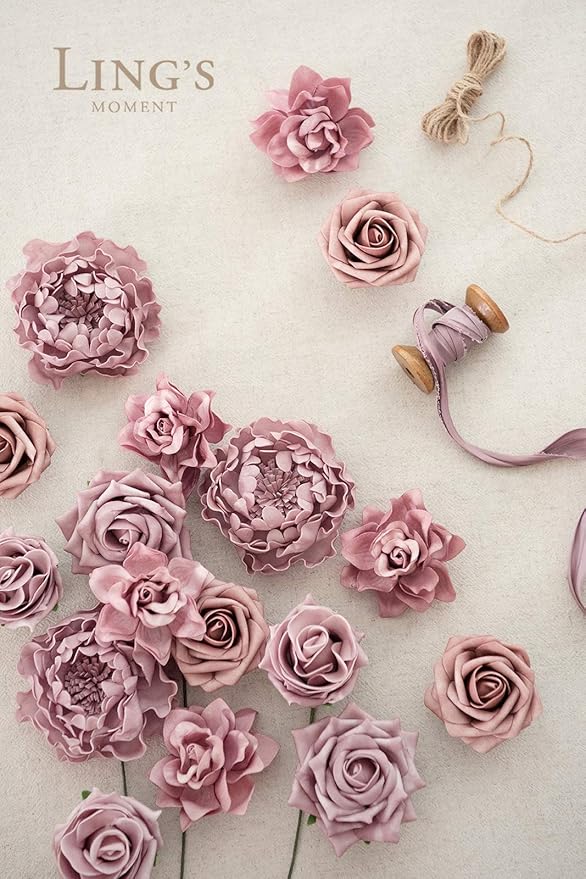 Ling's Moment Artificial Flowers Fake Roses Faux Foam Peonies Combo for DIY Wedding Bouquets Centerpieces Arrangements Bridal Shower Party Home Decorations, Dusty Rose, 23pcs