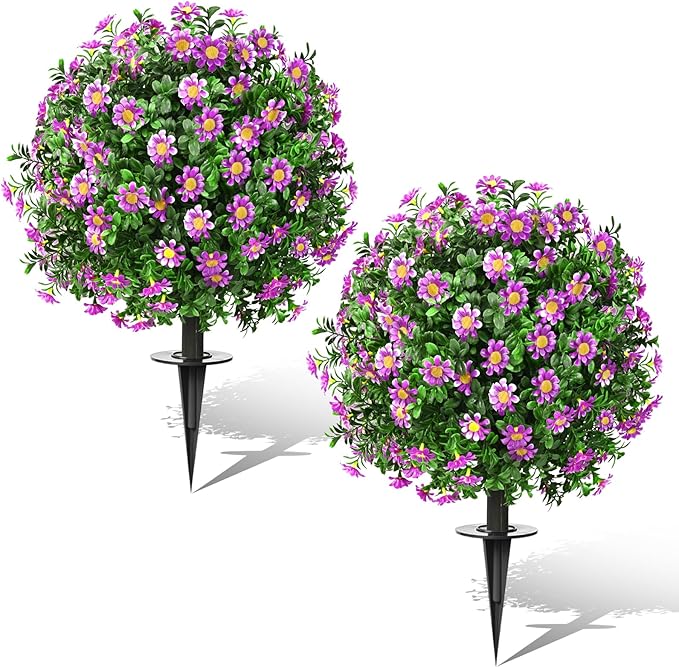 23" Set of 2 Artificial Boxwood Topiary Ball with Sunflower Flowers with Spikes for Outdoor, UV Resistant Faux Greenery Shrubs, Realistic Fake Bushes Plants for Garden, Yard, Front Porch, Patio Decor