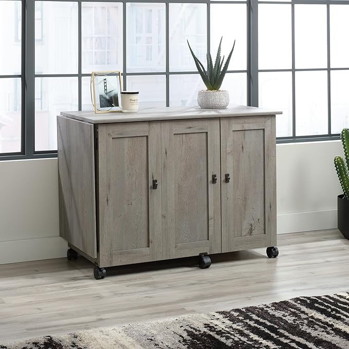 Sauder Craft Cart Storage Cabinet, Rolling Sewing Table with Expandable Top, Mystic Oak
