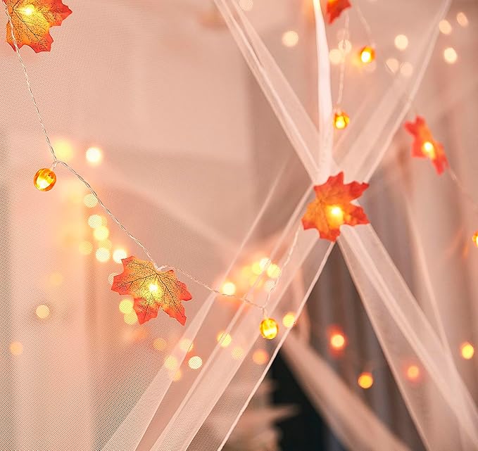 Mengersi Bed Canopy with Lights,Maple Leaf Pumpkin Canopy Bed Curtains Mosquito net,Halloween Theme Party Supplies Festival Decor,White