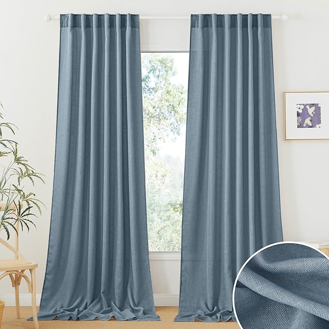 RYB HOME Semi Sheer Curtains 108 inches Length for Windows Sunlight Filering Privacy Protect Soft & Vertical Drapes for Bedroom Living Room Dining, Stone Blue, W 52 x L 108 inch, 2 Panels