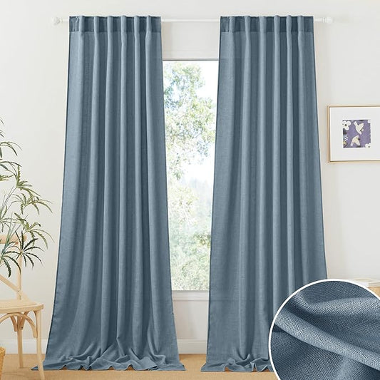 RYB HOME Semi Sheer Curtains 108 inches Length for Windows Sunlight Filering Privacy Protect Soft & Vertical Drapes for Bedroom Living Room Dining, Stone Blue, W 52 x L 108 inch, 2 Panels