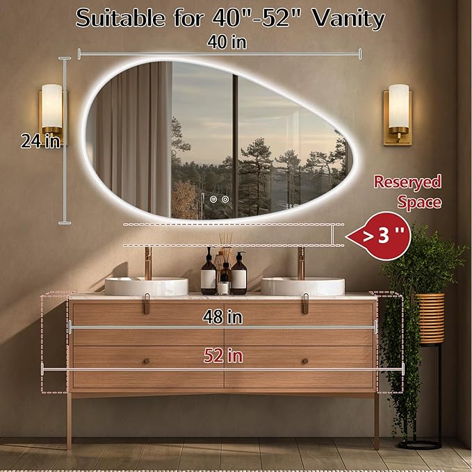 Niccy Irregular LED Bathroom Mirror with Lights, 24"x40" Asymmetrical Backlit-Mirror for Wall Mounted, Bathroom Vanity Mirrors with Memory, Dimmable, 3 Colors, Anti-Fog, IP65 Waterproof