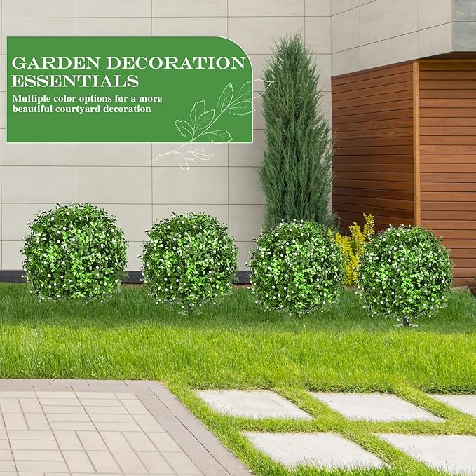 23" Set of 2 Artificial Boxwood Topiary Ball with Spikes Gypsophila Flowers for Outdoor, UV Resistant Faux Greenery Shrubs, Realistic Fake Bushes Plants for Garden, Yard, Front Porch, Patio Decor