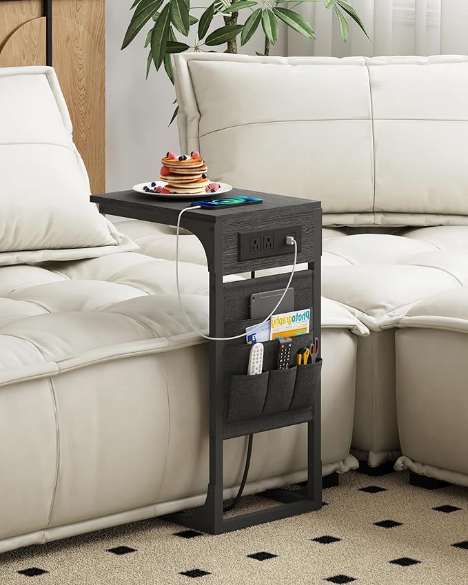TUTOTAK C Shaped End Table with Charging Station, Side Table for Sofa, Couch Table with Storage Bag, Set of 2, TV Tray Table with 2 USB Ports and Outlets for Living Room, Bedroom, Black TB01BK0242