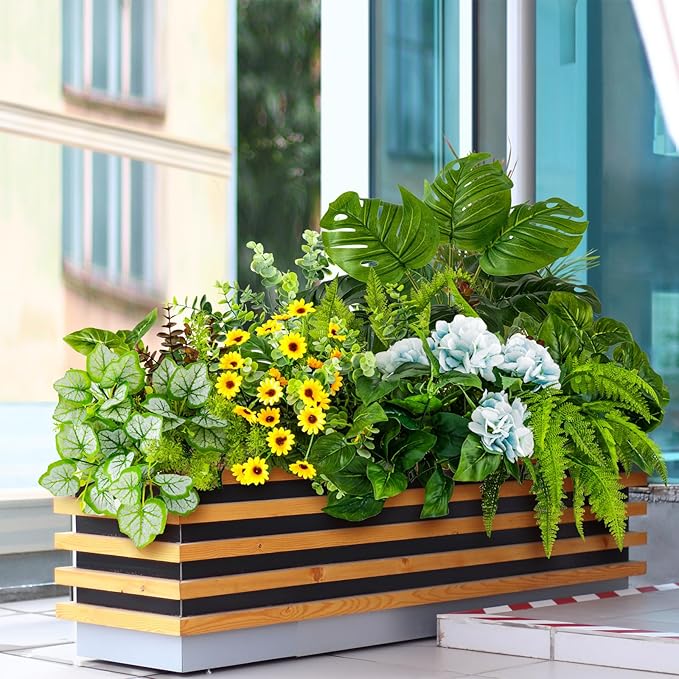 WINTS 17 Bundles Outdoor Artificial Plants UV Resistant Fake Greenery Stems Faux Shrubs Plastic Plant for Outdoor Planter Porch Patio Garden Window Box Home Decor