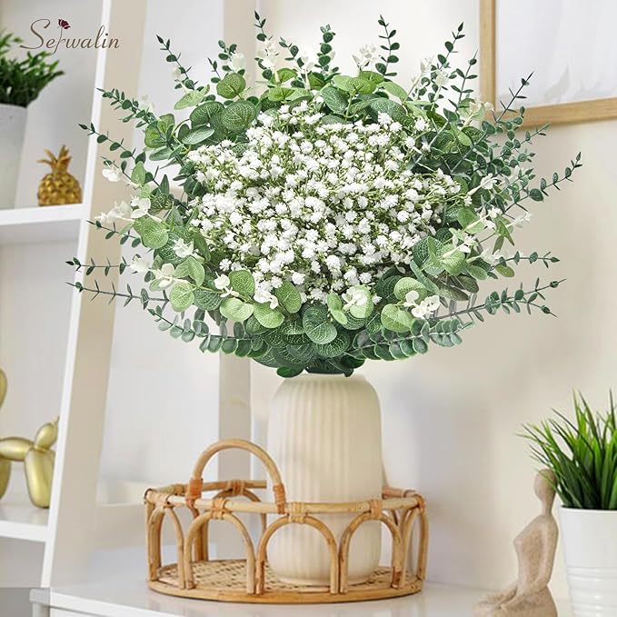 Serwalin 200 Pcs Mixed Artificial Eucalyptus Stems，Babys Breath Artificial Flowers Bulk with Artificial Fake Greenery Stems for Wedding DIY Bouquets Floral Arrangement Home Decor