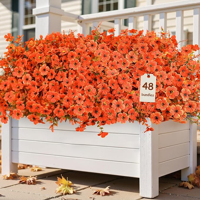 SHareconn 48 Bundles Artificial Fall Flowers for Outdoors Decoration, UV Resistant Silk Eucalyptus Lavender Faux Autumn Fake Plants for Outside Indoor Garden Yard Porch Home Decor, Autumn Colours