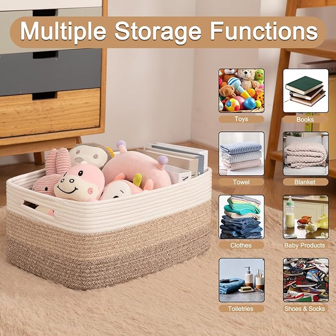 Large Storage Basket for Organizing, Woven Rope Basket for Shelves, Closet Organizer Bins for Clothes, Blanket, Toys, Baby Nursery Storage, 17.7" x 13" x 7.87", 2 Packs Gradient Yellow
